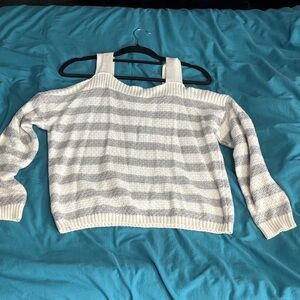 Striped Off-Shoulder Sweater in Light Gray and Cream
